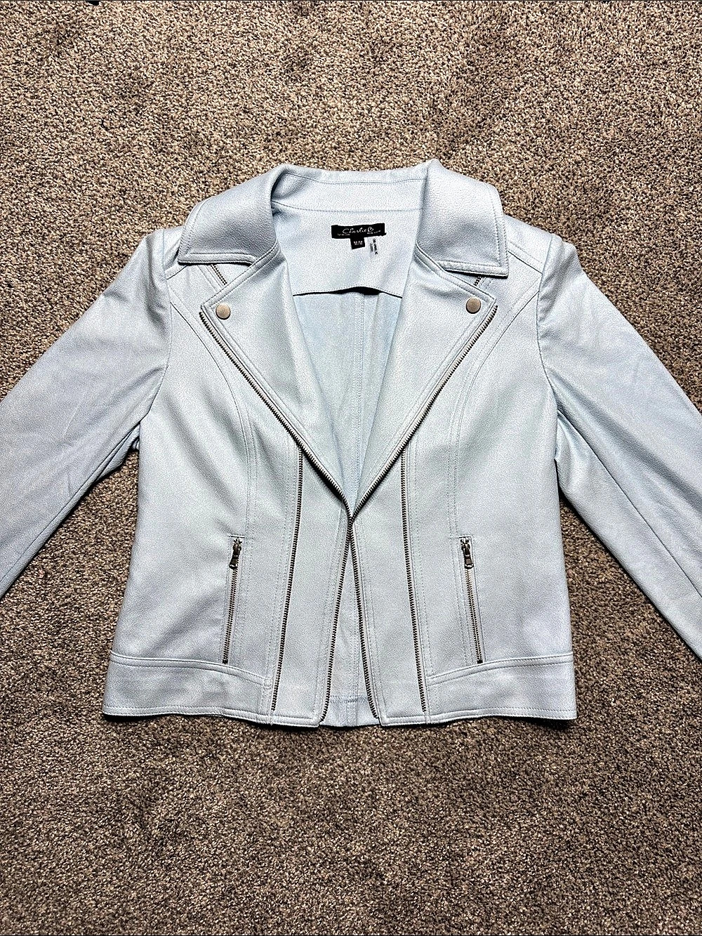 Charlie & Me Faux Leather Moto Jacket in Blue Size Medium